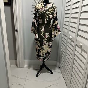 New York & Company Olive Green Floral Bell-Sleeve Maxi Dress with Pink Blossoms